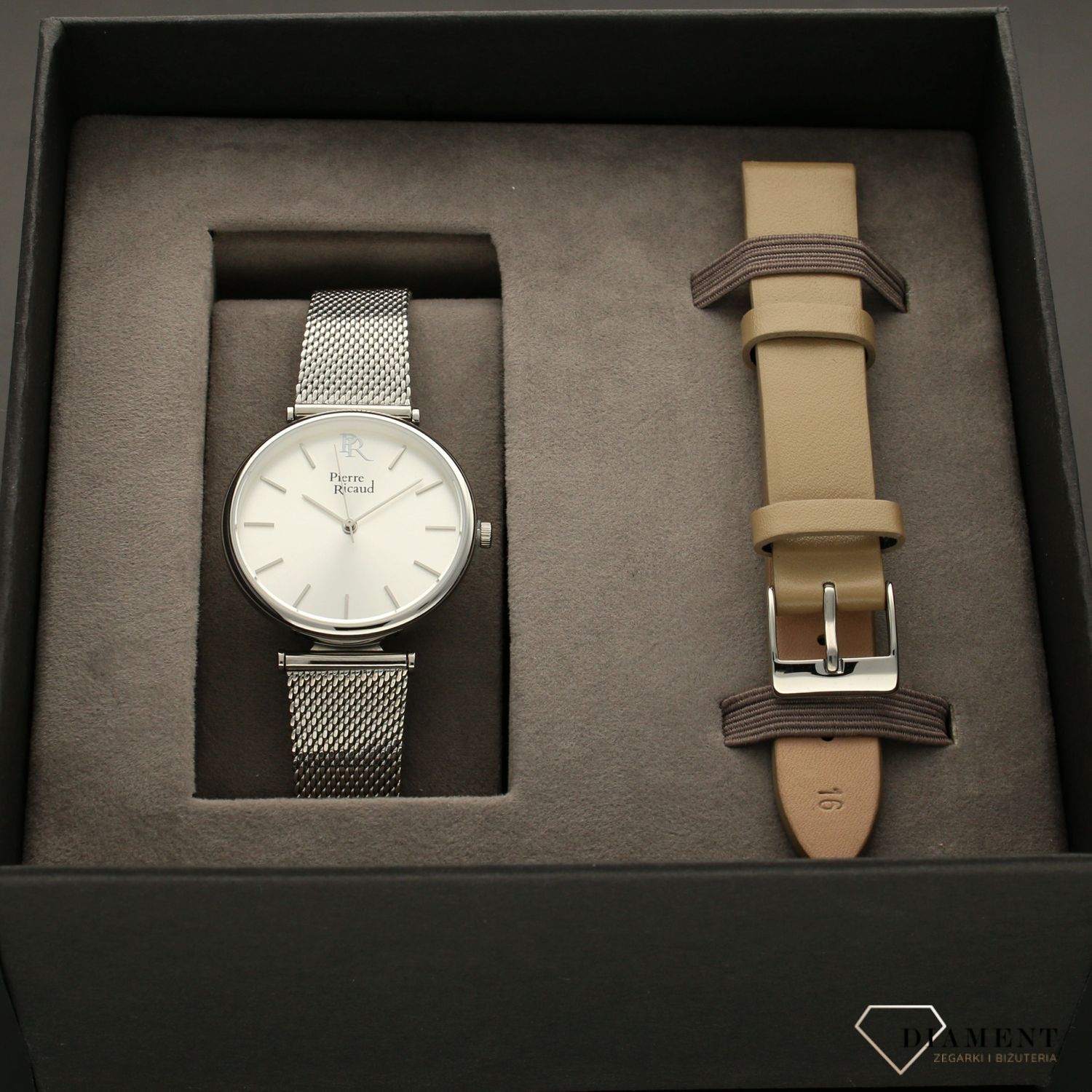 Modny SET składający się z zegarka i dołączonego, wymiennego skórzanego paska w kolorze beżowym. Zegarek na bransolecie meshowej (1).jpg